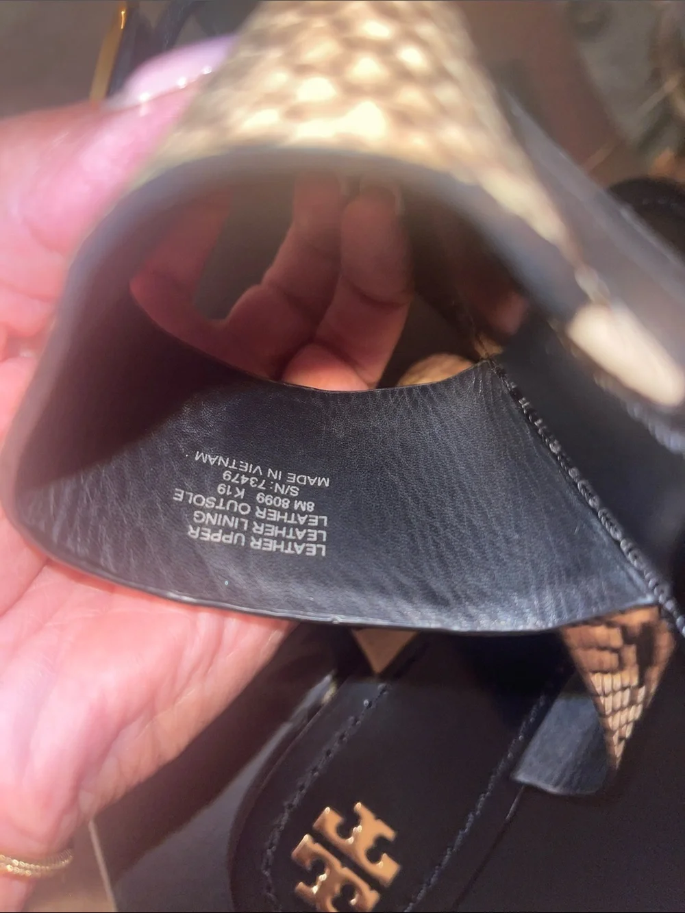 Tory Burch Black Slides with Snake-Print Strap and Gold Discs
